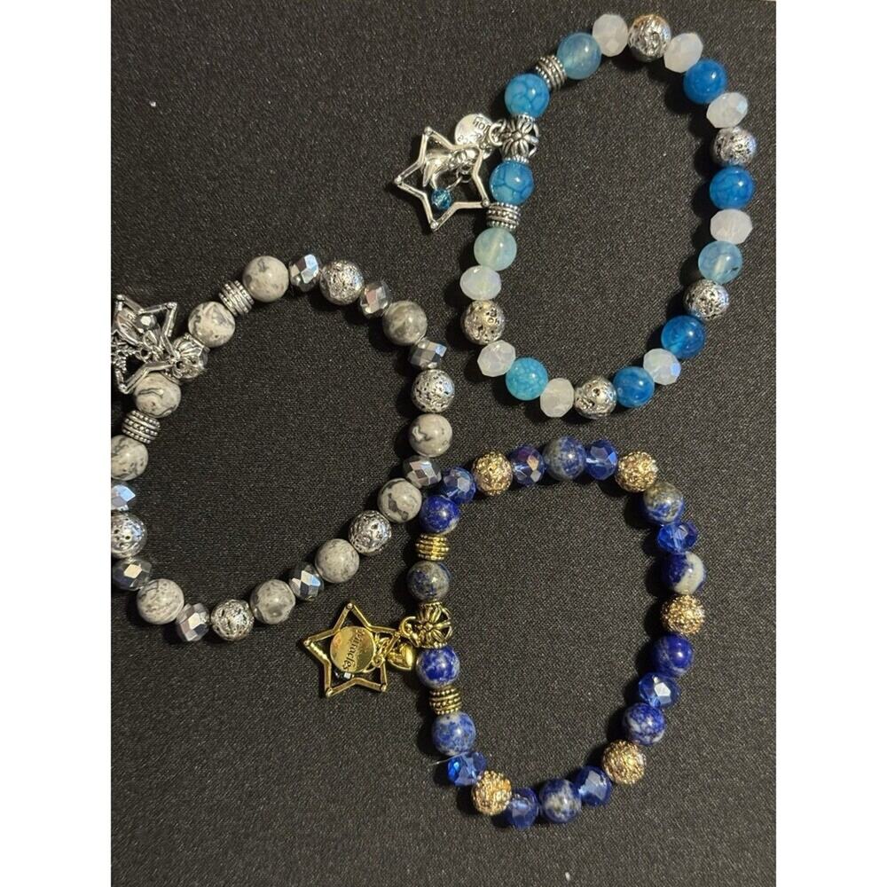Lot of 3 Stretch Bracelets: Beaded + Mixed Beads Charm Bracelet